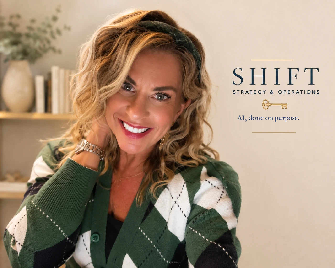 Kerri Shaw smiling in a green argyle cardigan against a warm SHIFT editorial background