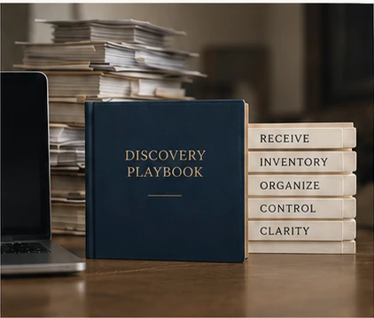 A navy Discovery Playbook beside organized case materials