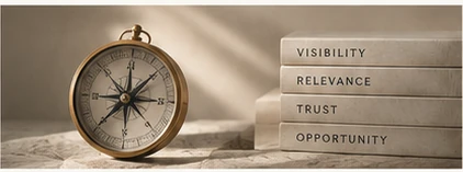 Compass beside books labeled visibility, relevance, trust, and opportunity