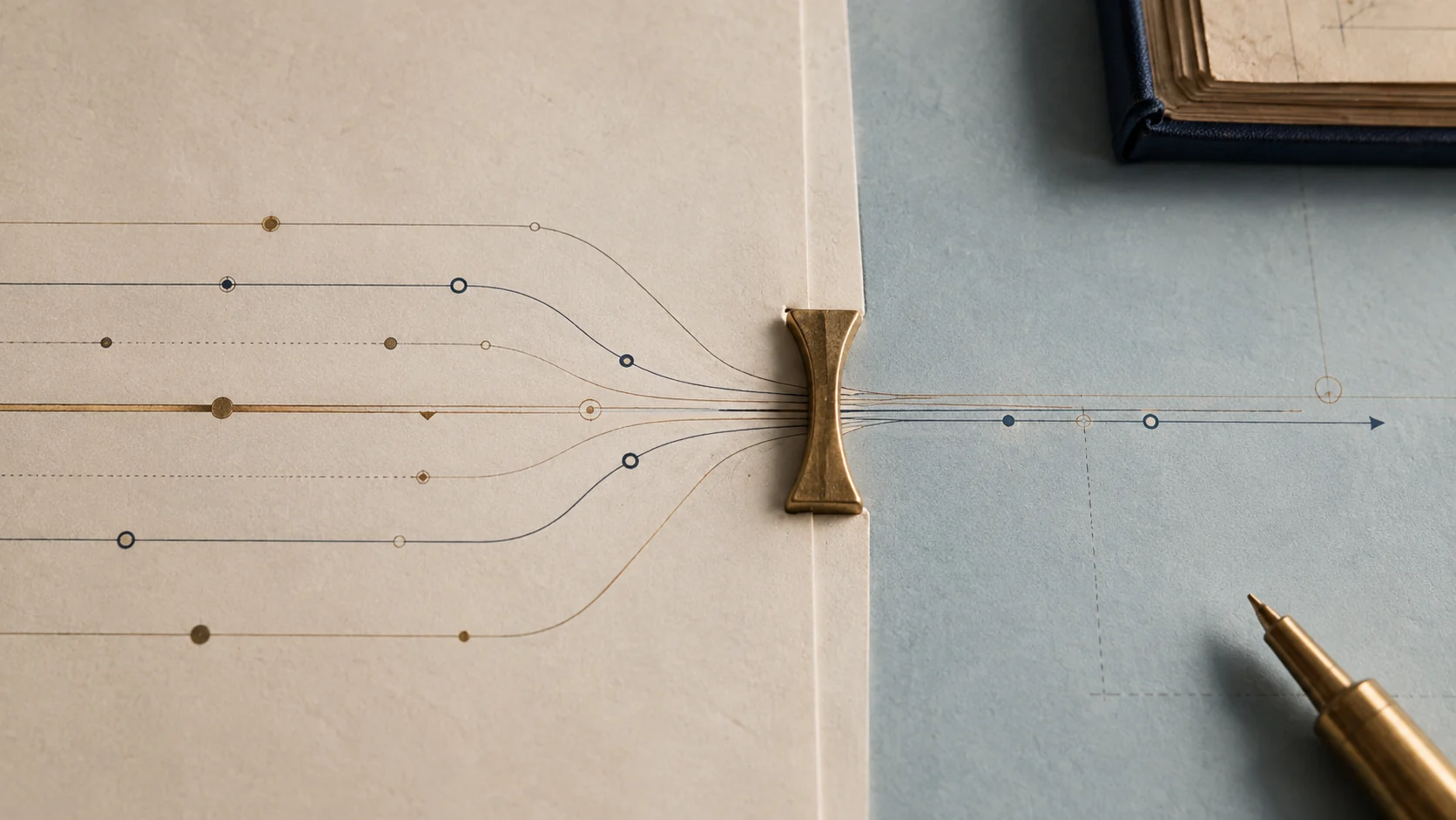 Multiple workflow lines narrowing through a single brass choke point before continuing as one clear path